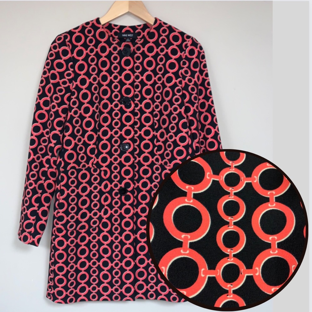 🆕 NINE WEST Jacket Women’s 2 Trench Black Orange Geometric Chain Button Front